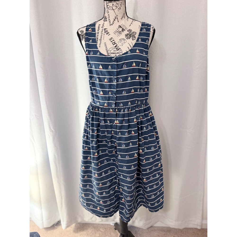 Sugarhill Boutique Blue Sailboat Stripe Cotton Button Front Dress Womens 10